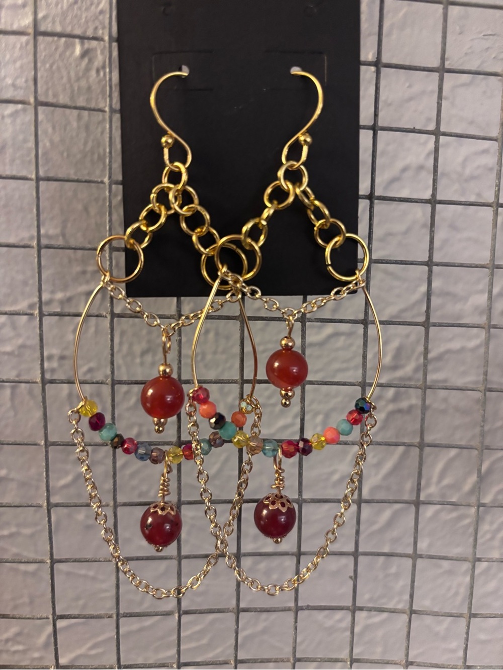Gold-Tone chandelier Earrings with Red Bead Drops and Multicolor Accent